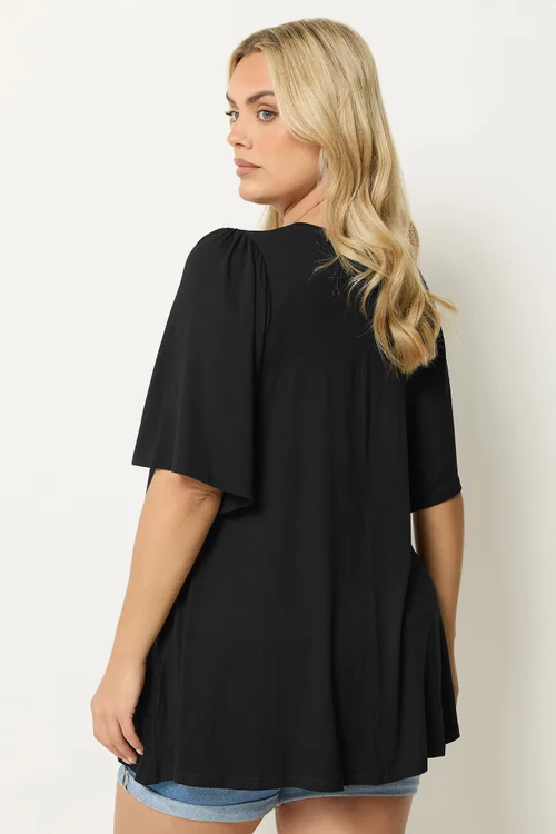 Yours Curve Black Pleat Angel Sleeve Swing Top - 30-32 Image 3