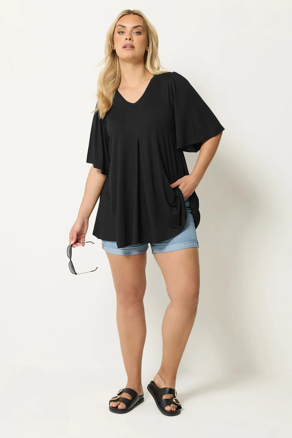 Yours Curve Black Pleat Angel Sleeve Swing Top - 30-32 Image 2