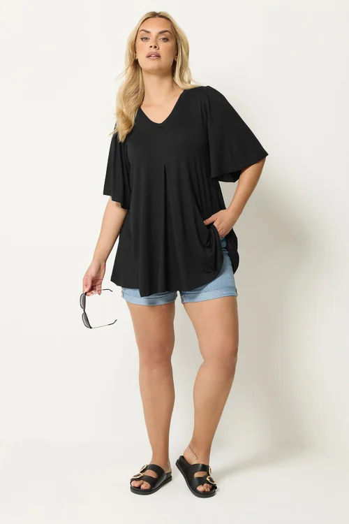 Yours Curve Black Pleat Angel Sleeve Swing Top - 30-32 Image 2