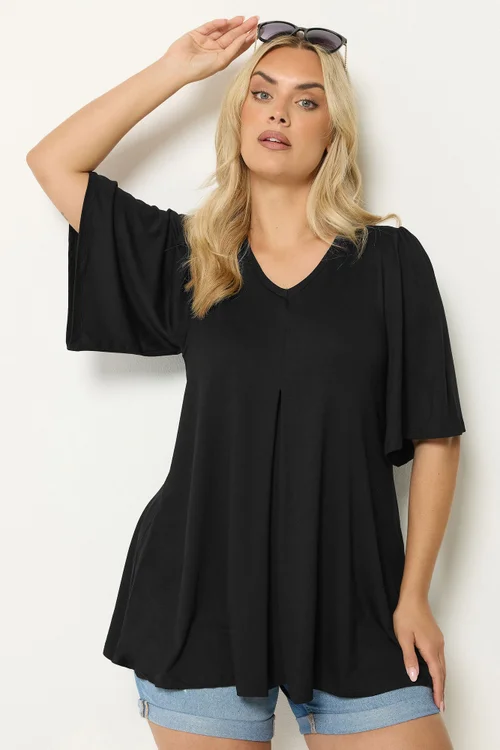 Yours Curve Black Pleat Angel Sleeve Swing Top - 30-32 Image 1