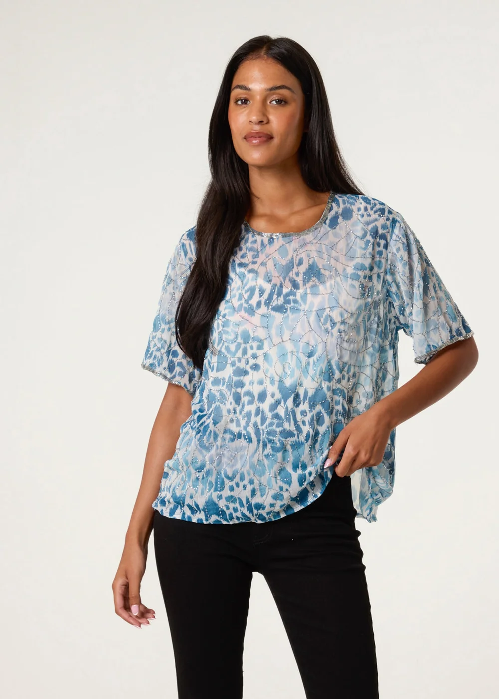Blue Vanilla Green Embellished Chiffon Top - S Image 1
