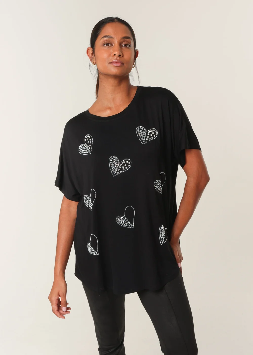 Blue Vanilla Black Round Neck Diamante Heart Detailing T-Shirt - L/XL Image 1