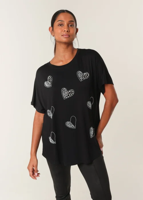 Blue Vanilla Black Round Neck Diamante Heart Detailing T-Shirt - L/XL Image 1