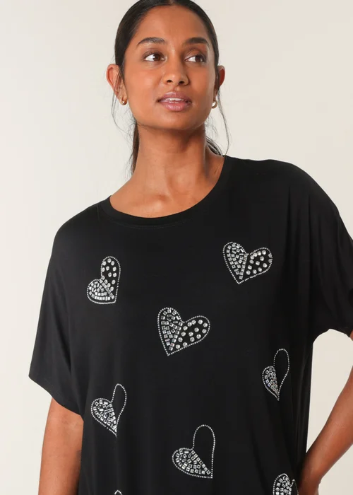 Blue Vanilla Black Round Neck Diamante Heart Detailing T-Shirt - L/XL Image 2