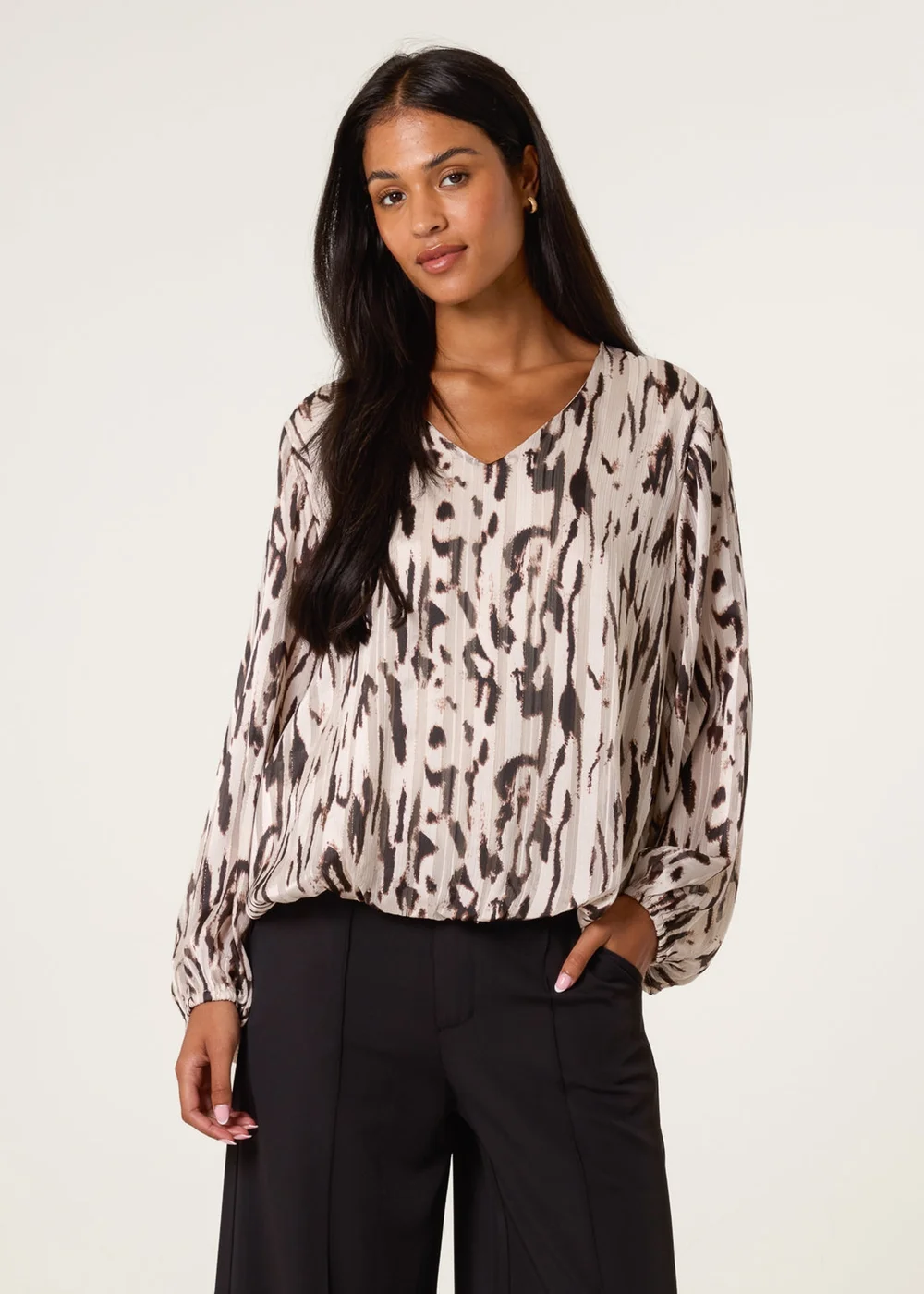 Blue Vanilla Brown Animal Print Puffball V Neck Top - S Image 1