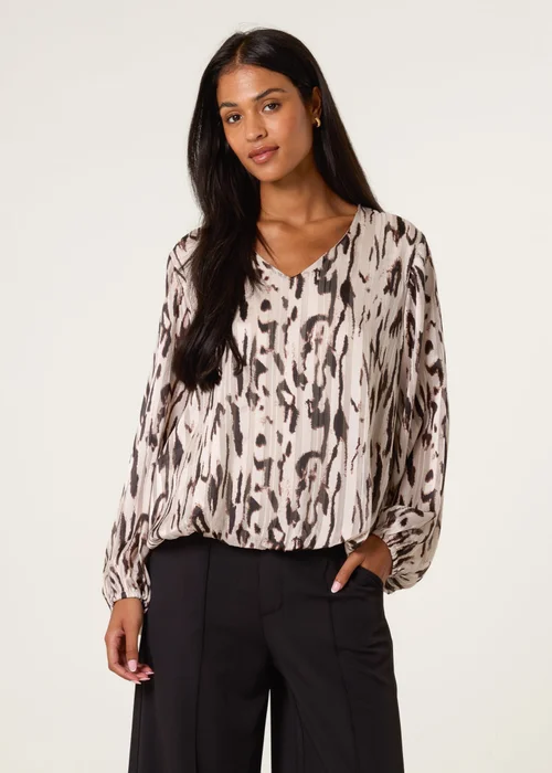 Blue Vanilla Brown Animal Print Puffball V Neck Top - S Image 1