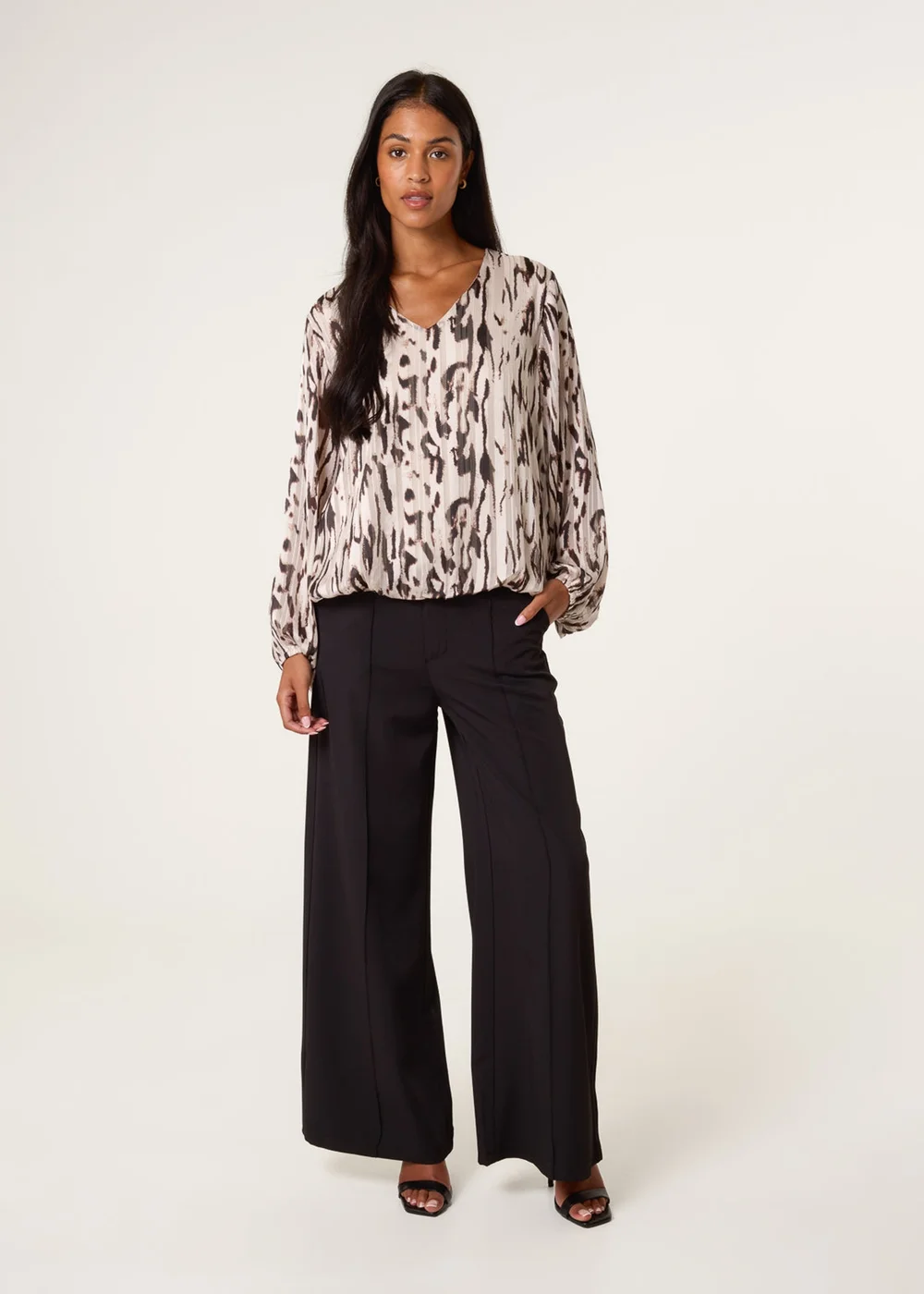Blue Vanilla Brown Animal Print Puffball V Neck Top - S Image 2