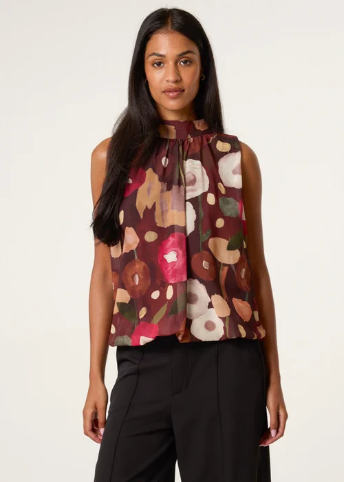 Blue Vanilla Brown Watercolour Sleeveless High Neck Puffball Top - S/M Image 3