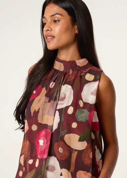Blue Vanilla Brown Watercolour Sleeveless High Neck Puffball Top - S/M Image 1