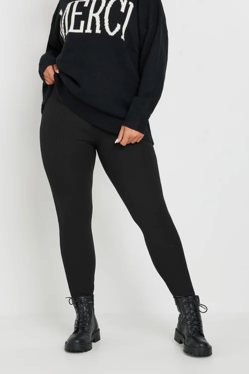 Yours Curve Black Ribbed Leggings - 18 Image 1