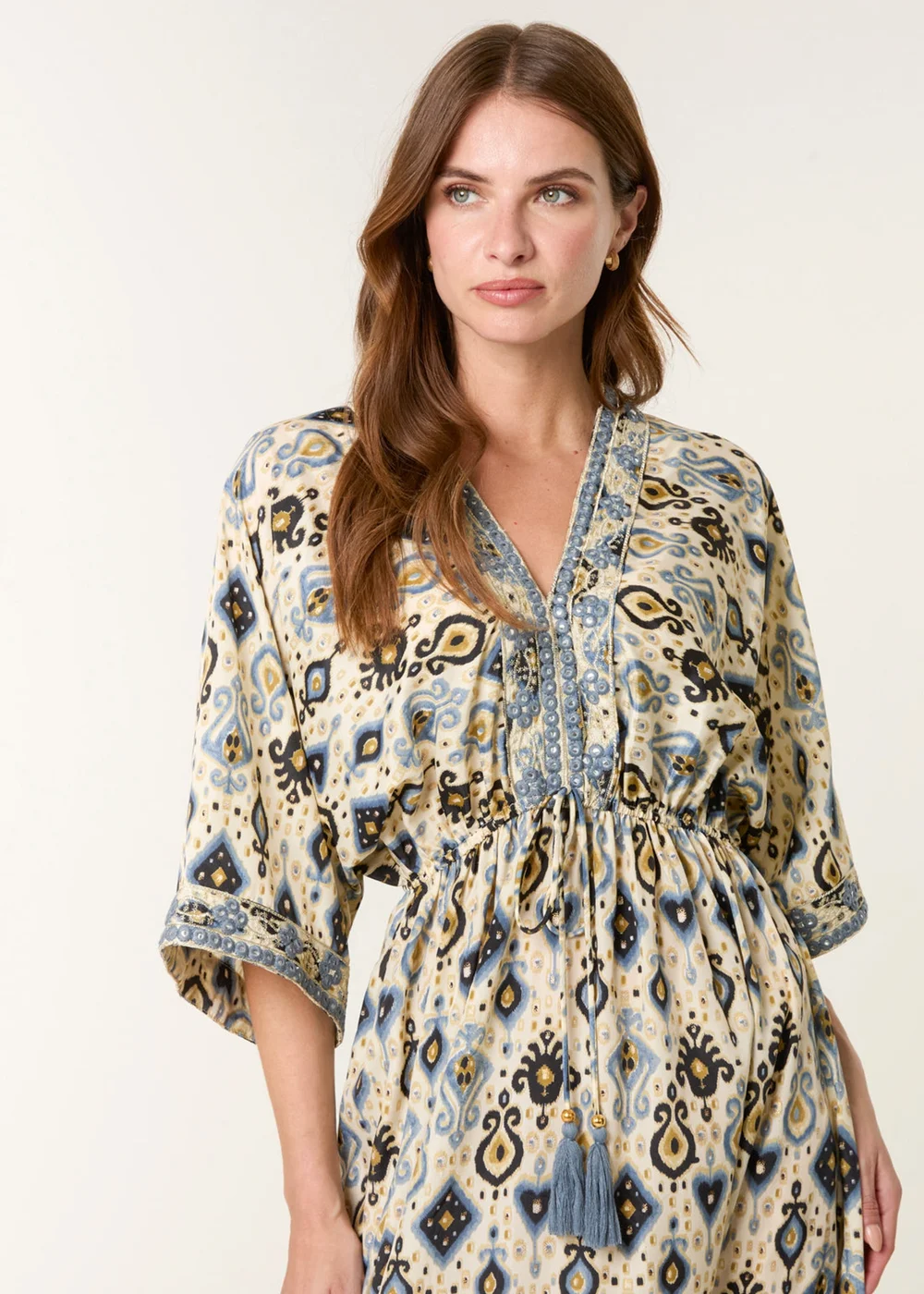 blue vanilla kimono dress Border Print Kimono Dress
