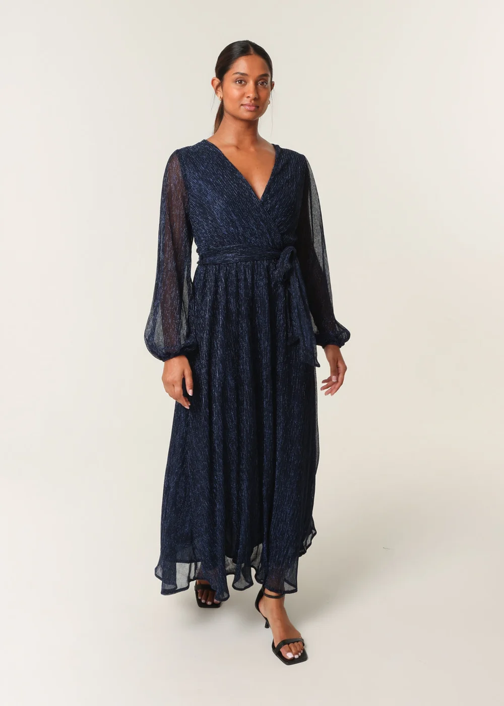 Blue Vanilla Navy Wrap Metallic Dress - L Image 1