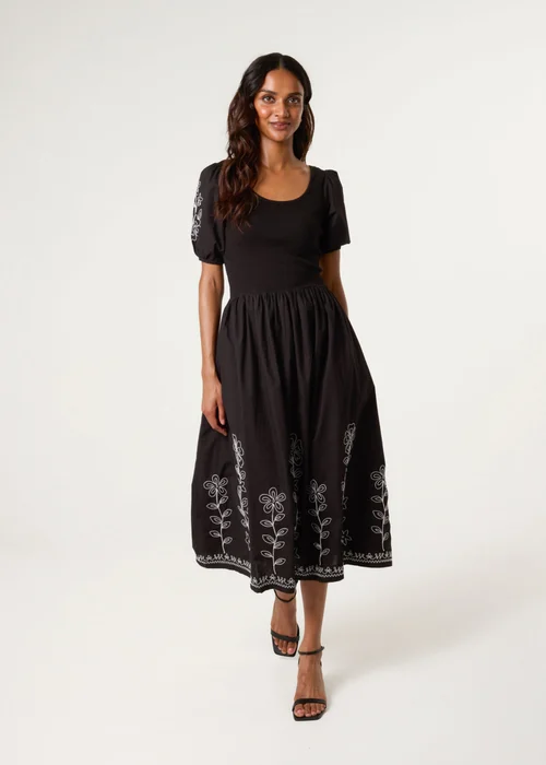 Blue Vanilla Black Embroidered Puff Sleeve Midi Dress - S Image 1