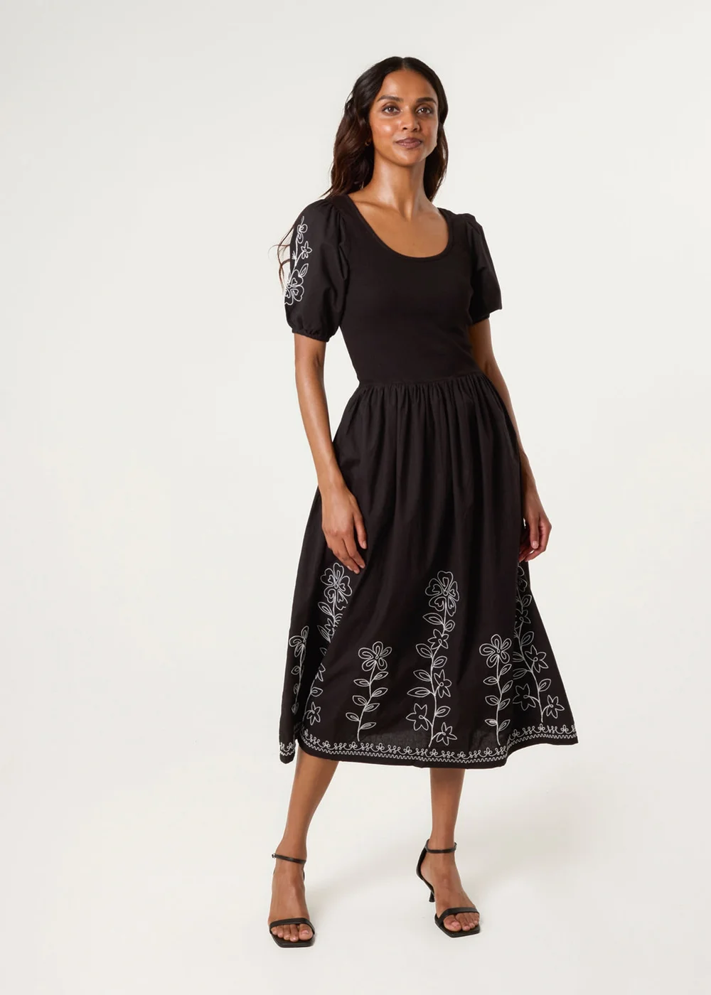 Blue Vanilla Black Embroidered Puff Sleeve Midi Dress - S Image 3