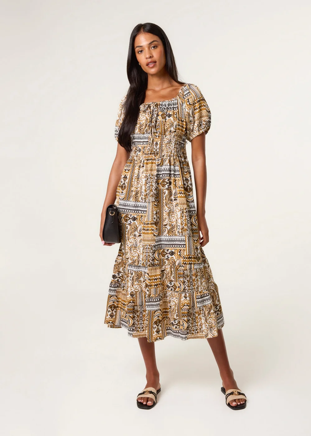 Blue Vanilla Yellow Scoop Neck Paisley Dress - S Image 2