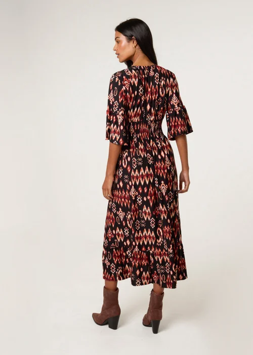 Blue Vanilla Brown Elasticated Neck Shirred Waist Aztec Dress - L/XL Image 4