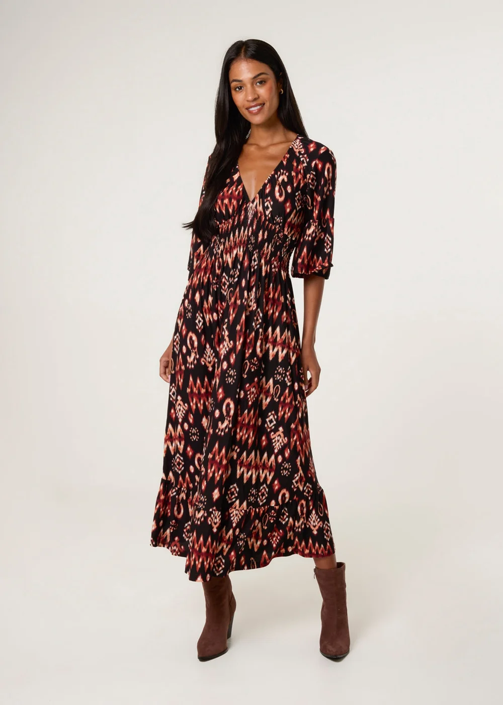 Blue Vanilla Brown Elasticated Neck Shirred Waist Aztec Dress - L/XL Image 1