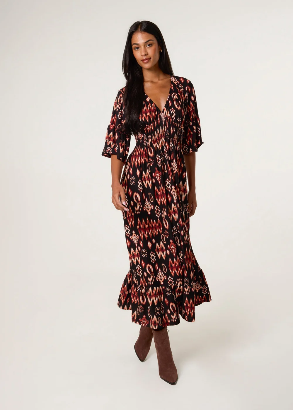 Blue Vanilla Brown Elasticated Neck Shirred Waist Aztec Dress - L/XL Image 3