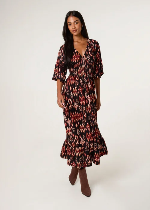 Blue Vanilla Brown Elasticated Neck Shirred Waist Aztec Dress - L/XL Image 3