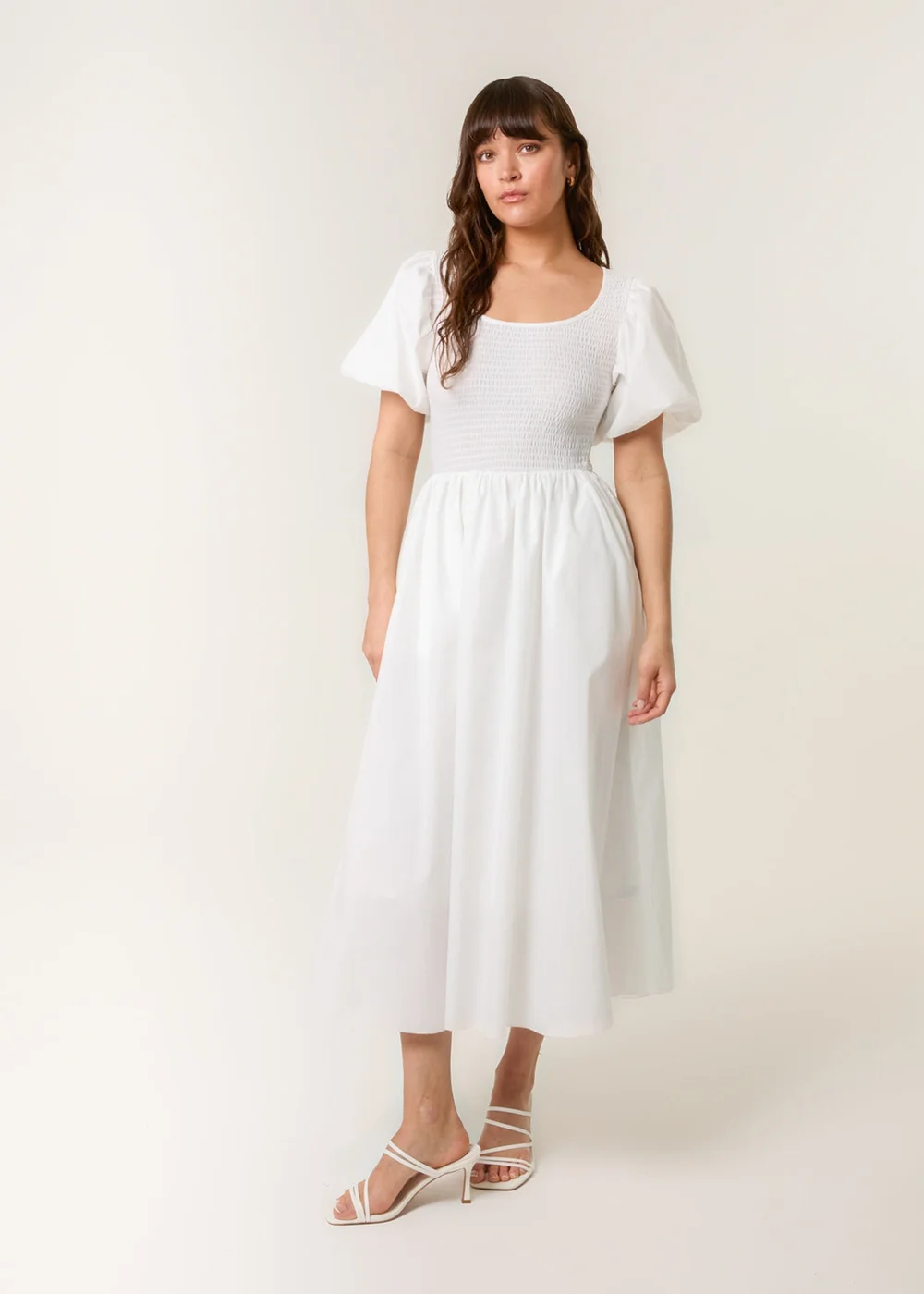 Blue Vanilla Ivory Puff Sleeve Mix Fabric Midi Dress - S Image 3