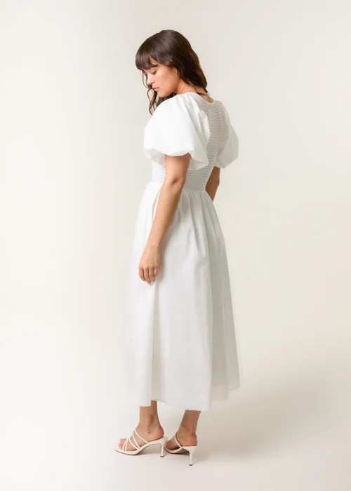 Blue Vanilla Ivory Puff Sleeve Mix Fabric Midi Dress - S Image 4