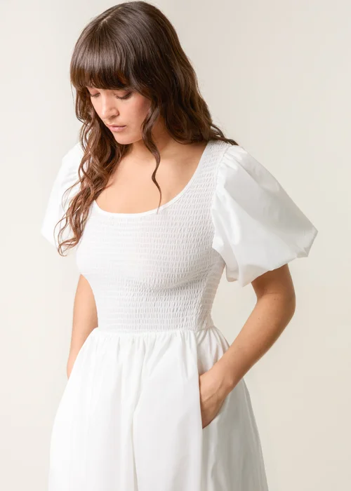 Blue Vanilla Ivory Puff Sleeve Mix Fabric Midi Dress - S Image 2