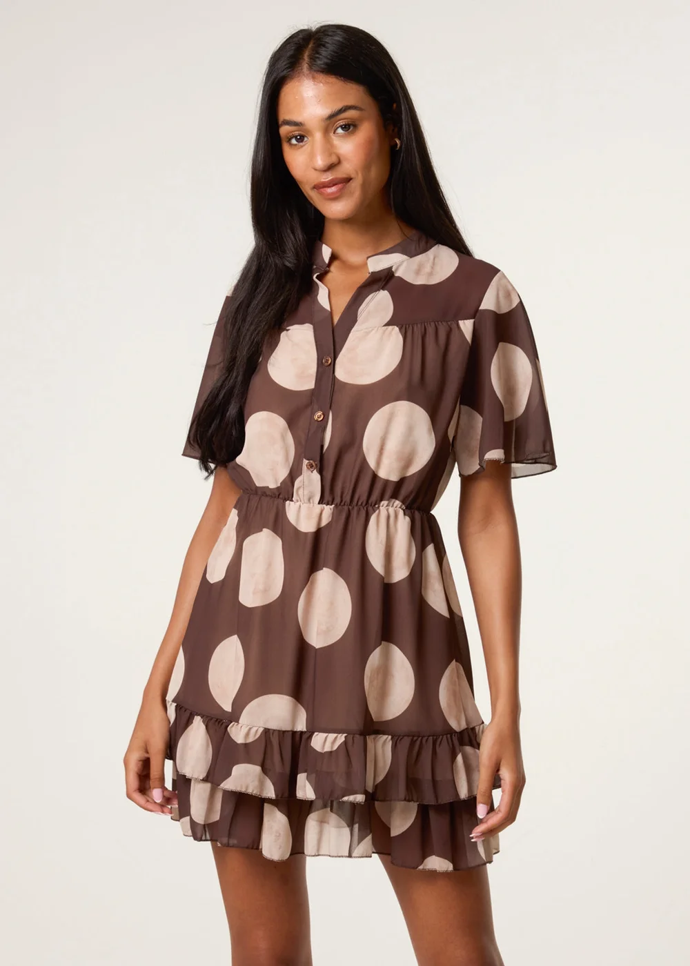 Blue Vanilla Brown Polka Dot Button Up Double Frill Dress - S Image 1