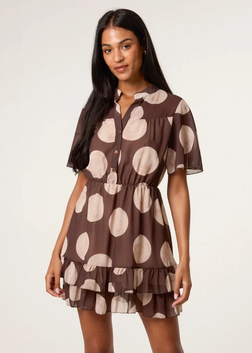 Blue Vanilla Brown Polka Dot Button Up Double Frill Dress - S Image 1