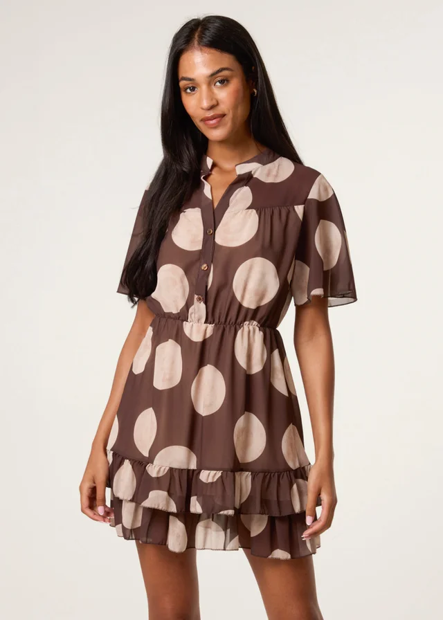 Blue Vanilla Brown Polka Dot Button Up Double Frill Dress