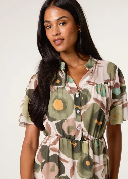 Blue Vanilla Green Printed Button Up Tiered Short Sleeve Dress - S Image 2