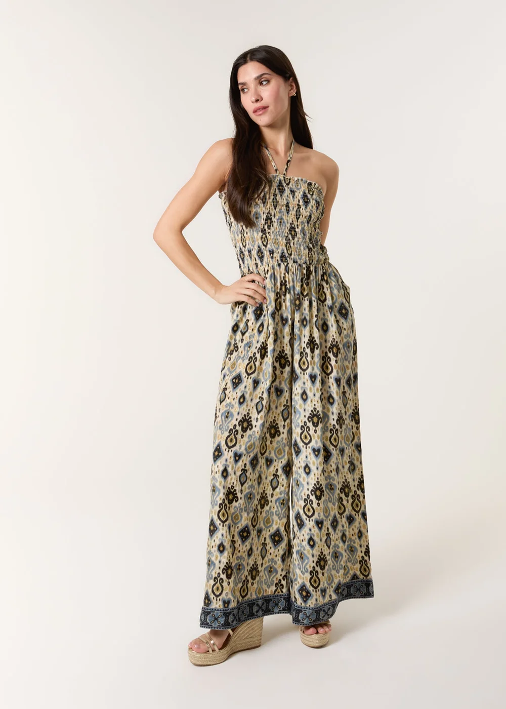 Blue Vanilla Multi Printed Bandeau Tie Neck Shirred Jumpsuit - L/XL Image 2