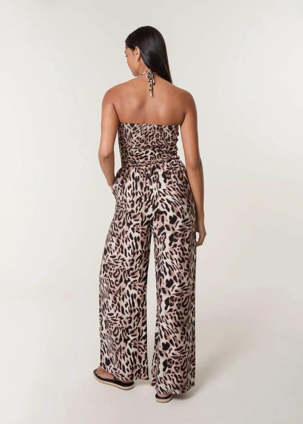 Blue Vanilla Brown Leopard Print Shirred Waist Jumpsuit - S/M Image 5