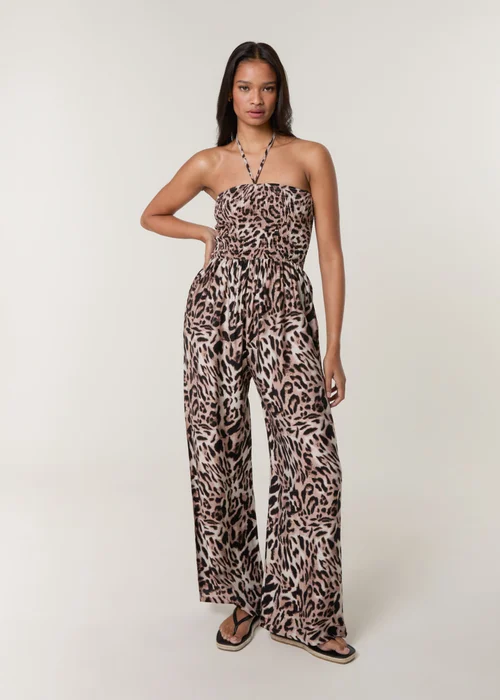 Blue Vanilla Brown Leopard Print Shirred Waist Jumpsuit - S/M Image 4