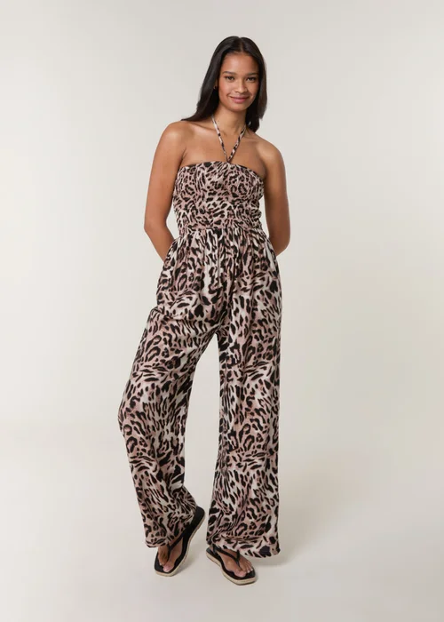 Blue Vanilla Brown Leopard Print Shirred Waist Jumpsuit - S/M Image 1