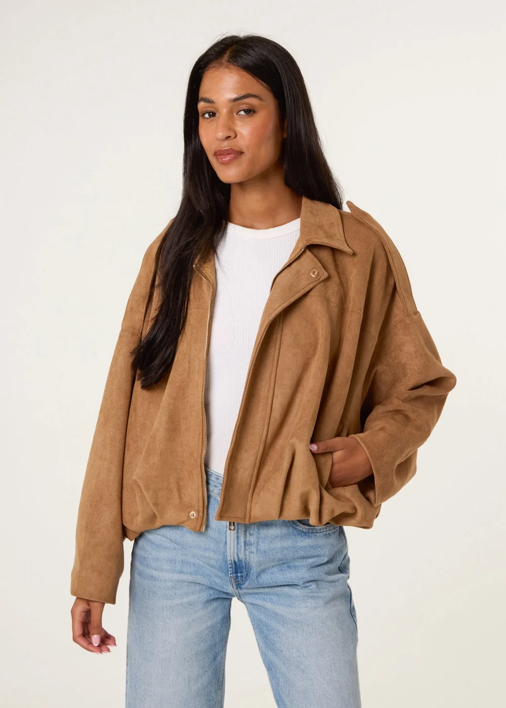 Blue Vanilla Tan Suedette Puffball Jacket - M/L Image 1