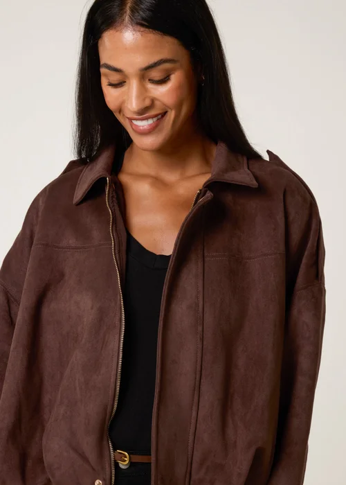 Blue Vanilla Brown Suedette Puffball Jacket - S/M Image 3
