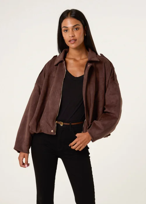 Blue Vanilla Brown Suedette Puffball Jacket - S/M Image 1