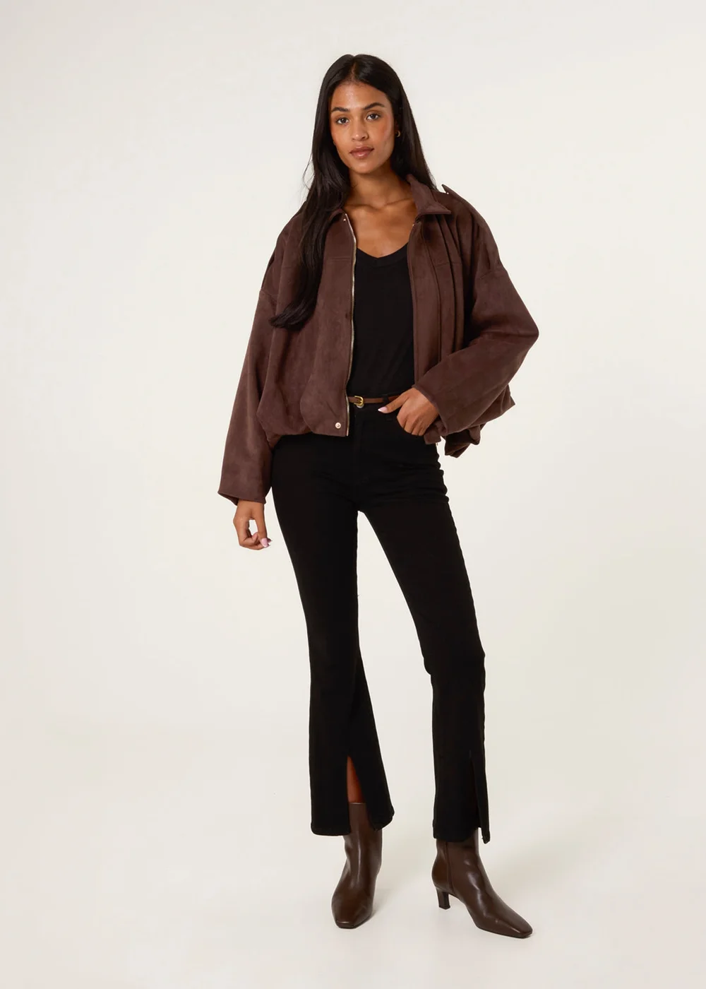 Blue Vanilla Brown Suedette Puffball Jacket - S/M Image 2
