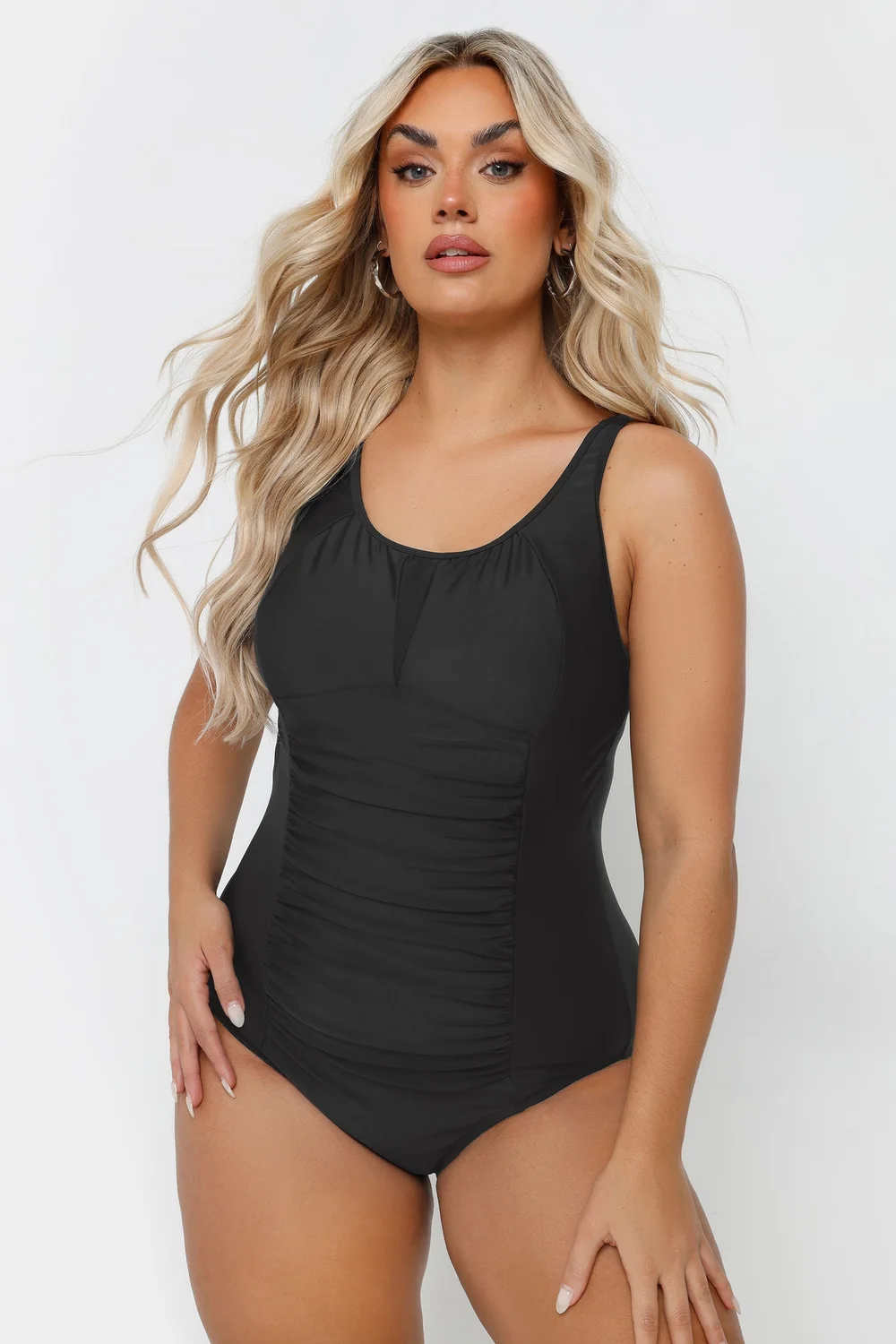 Yours Curve Black Ruched Mesh Tummy Control Swimsuit - Size 24 Image 2