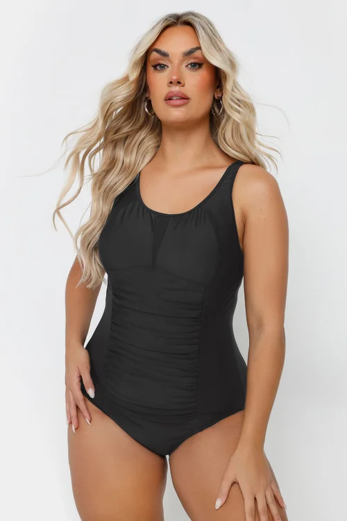 Yours Curve Black Ruched Mesh Tummy Control Swimsuit - Size 24 Image 2