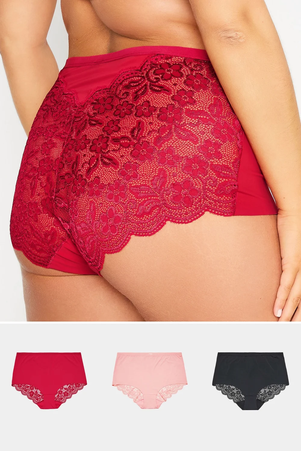 Yours 3 Pack Curve Red & Black Lace Back High Waisted Knickers - 26-28 Image 1