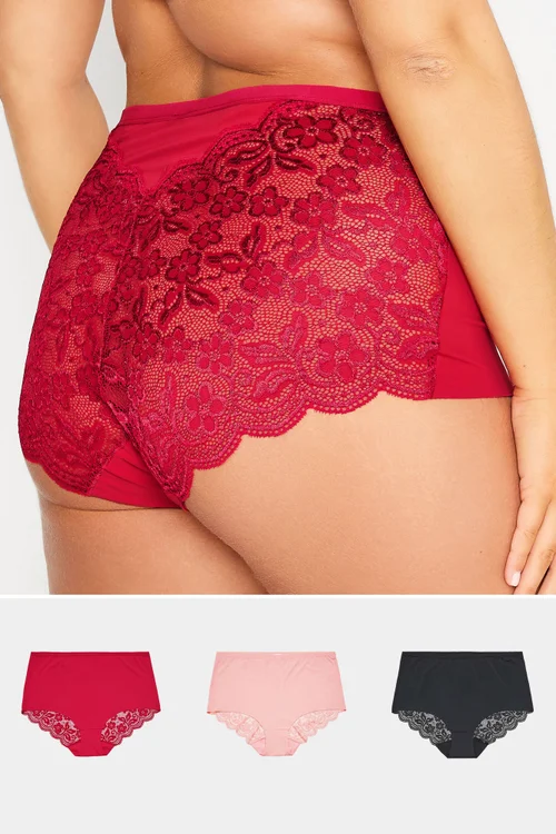 Yours 3 Pack Curve Red & Black Lace Back High Waisted Knickers - 26-28 Image 1