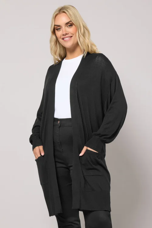 Yours Curve Black Balloon Sleeve Fine Knit Cardigan - 34-36 Image 1
