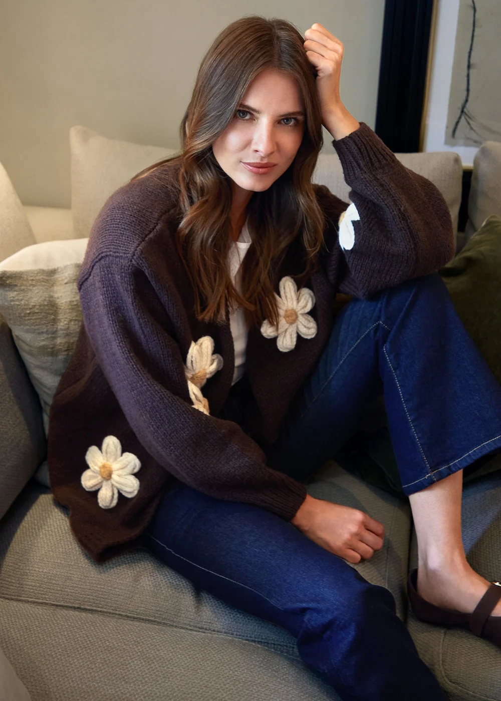 Blue Vanilla Brown Daisy Large Flower Cardigan - M/L Image 3