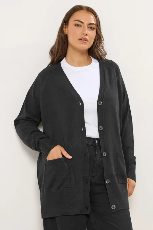 Yours Curve Black Boyfriend Button Through Cardigan - 30-32 Image 1