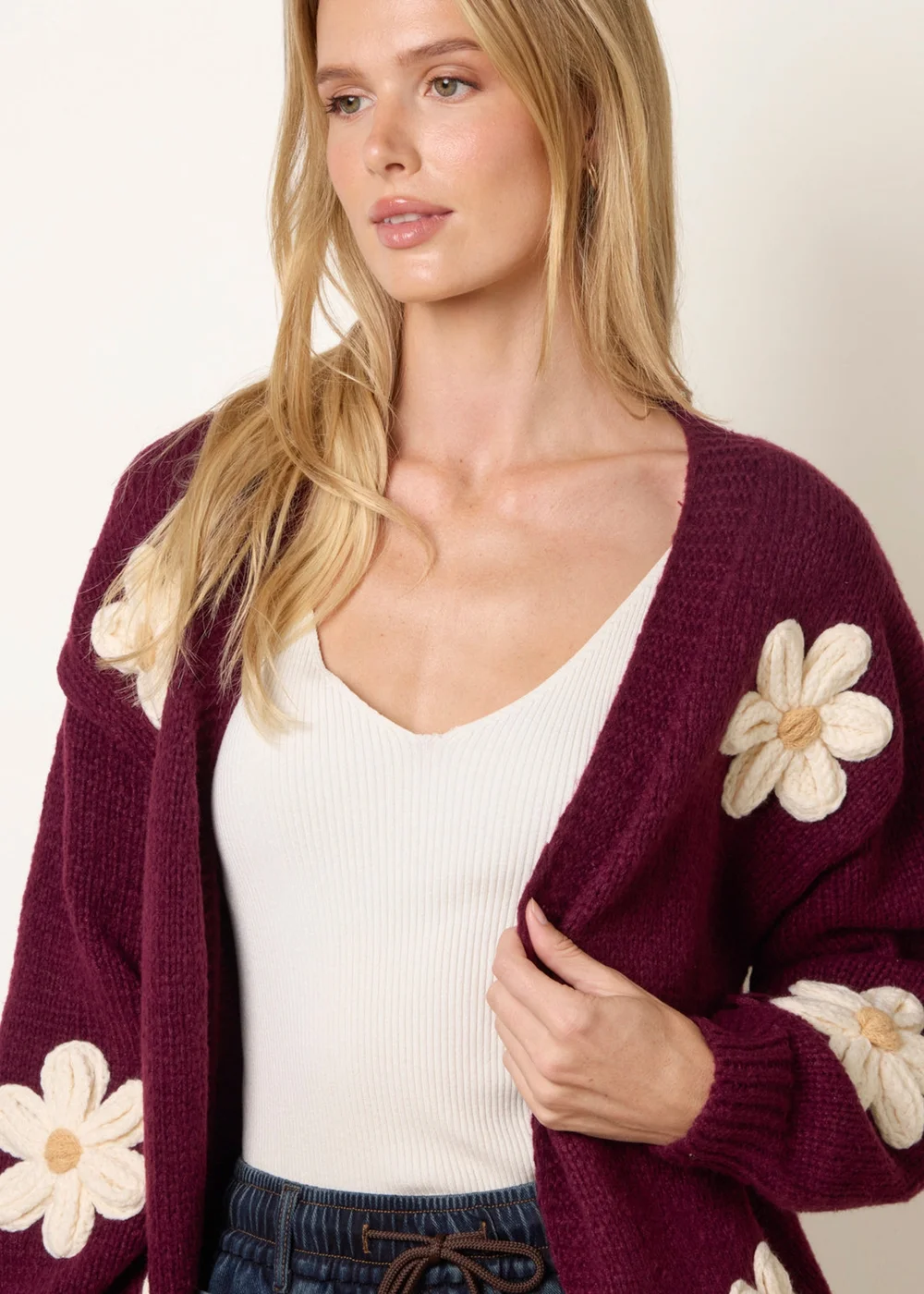 Blue Vanilla Burgundy Daisy Large Flower Cardigan - S/M Image 2
