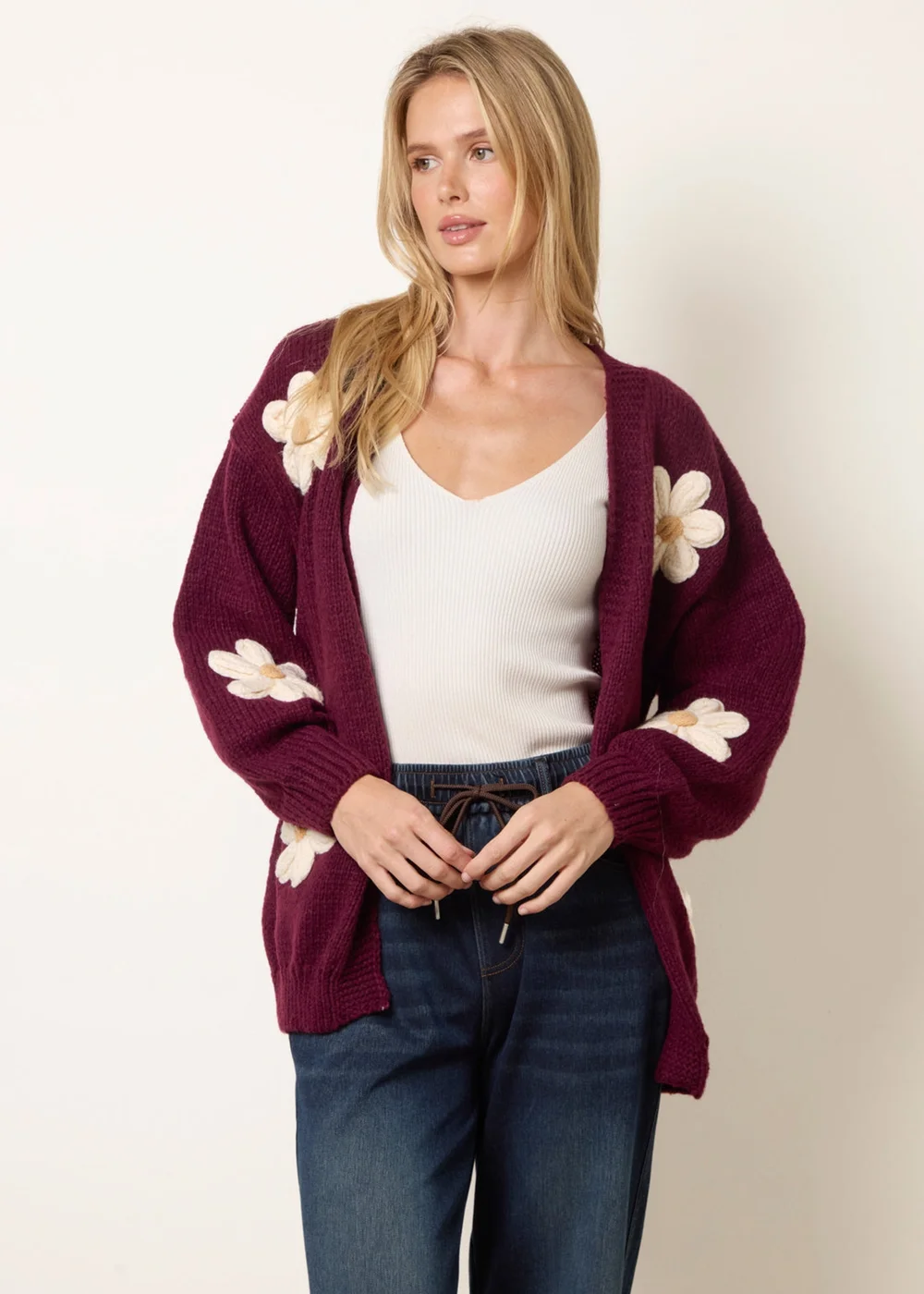 Blue Vanilla Burgundy Daisy Large Flower Cardigan - S/M Image 1