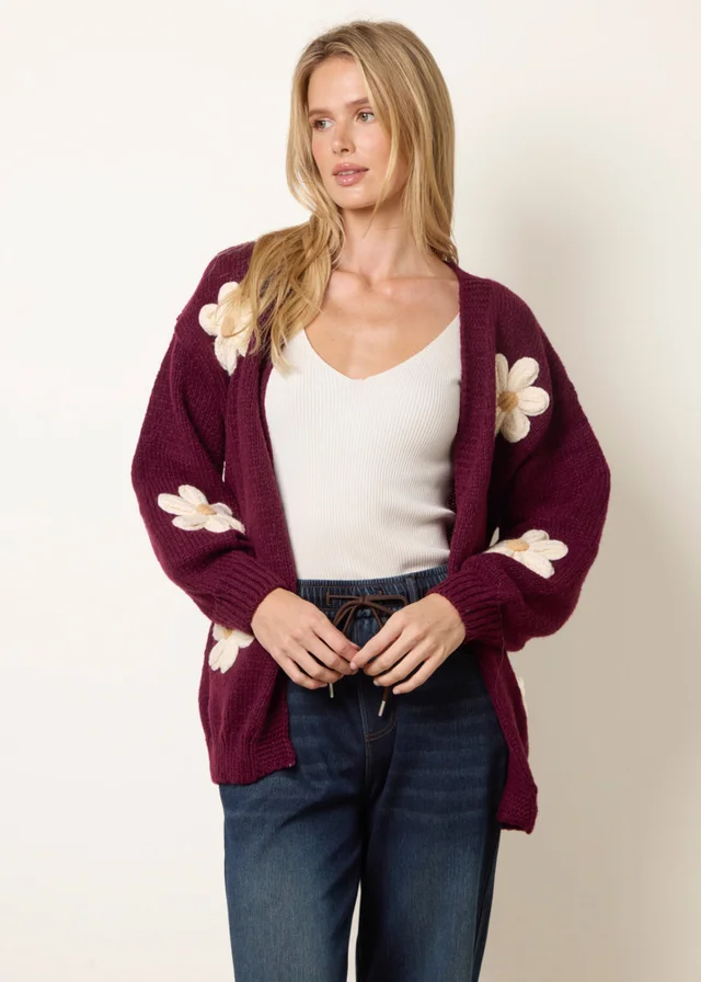 Blue Vanilla Burgundy Daisy Large Flower Cardigan