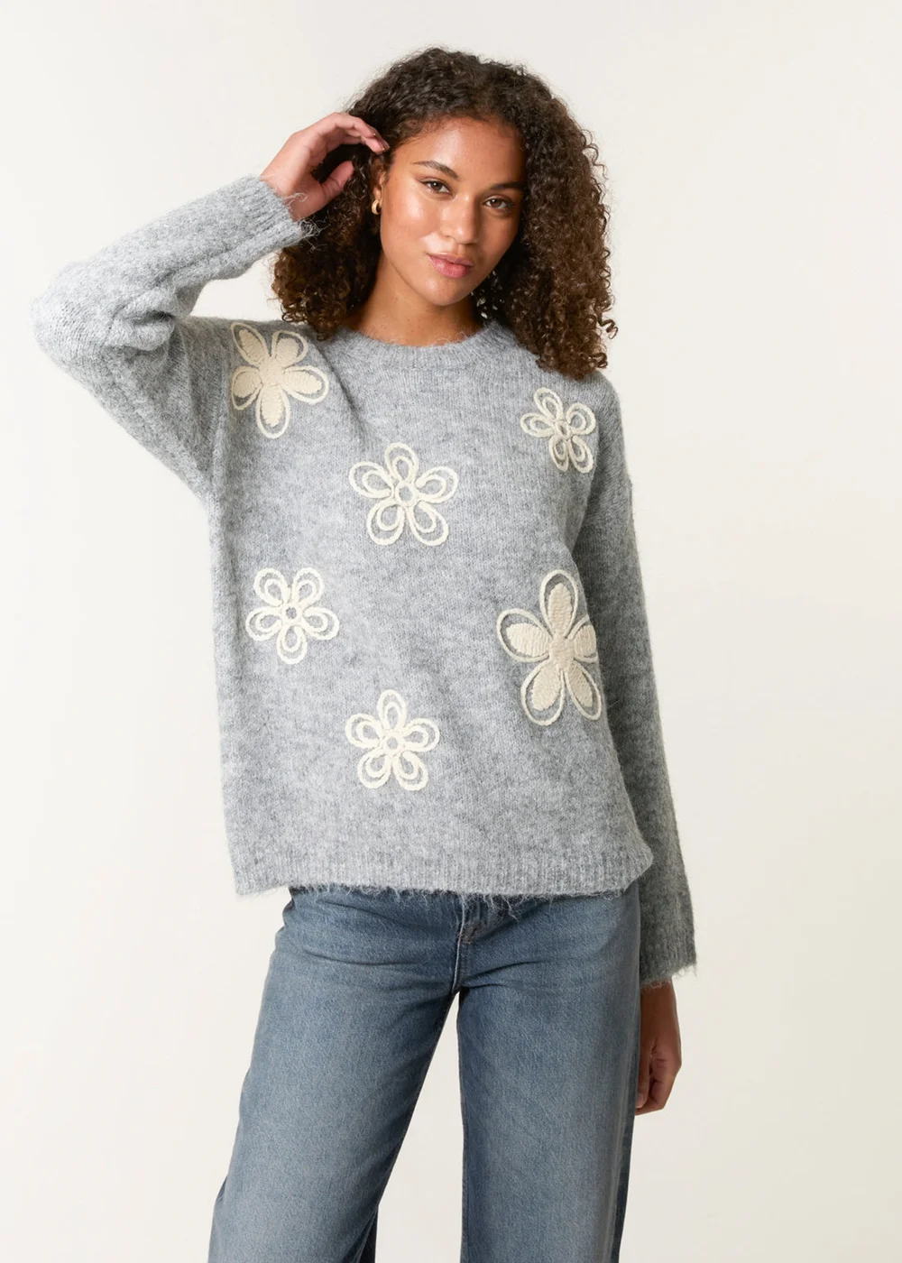 Blue Vanilla Grey Jumper With Embroidered Flowers - M/L Image 1