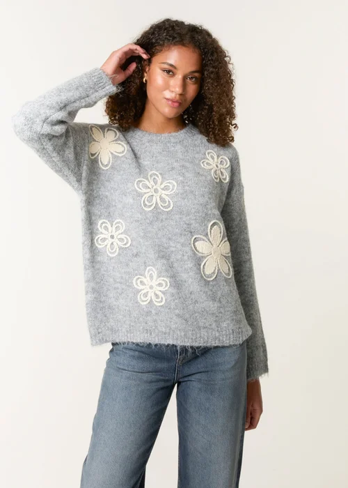 Blue Vanilla Grey Jumper With Embroidered Flowers - M/L Image 1